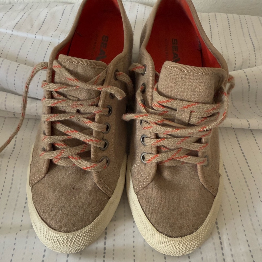 SeaVees Tan Canvas Sneakers with Orange Highlights
